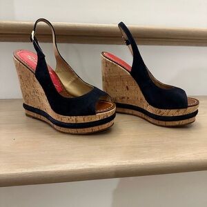 Paloma Barcelo Navy and Tan Wedge Sandals